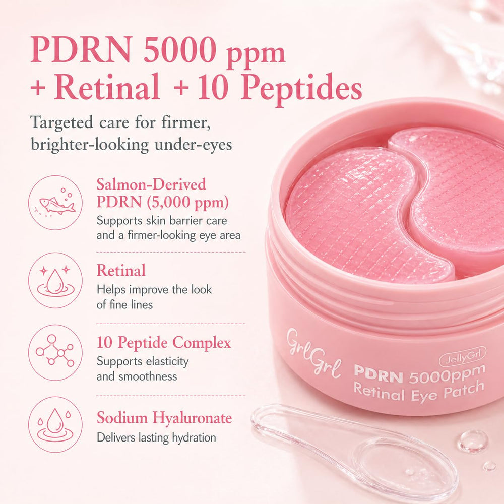 GrlGrl patch applied under eye demonstrating de-puffing effect