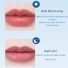 Grospe applying balm to upper and lower lip, demonstrates easy use