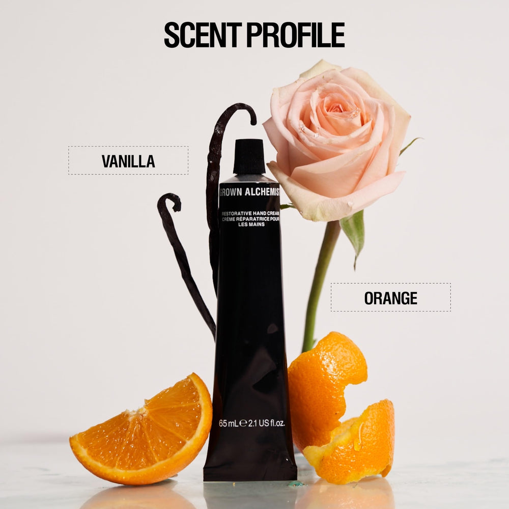 Grown Alchemist ingredients flatlay with camellia, grapeseed, aloe for nourishing benefits