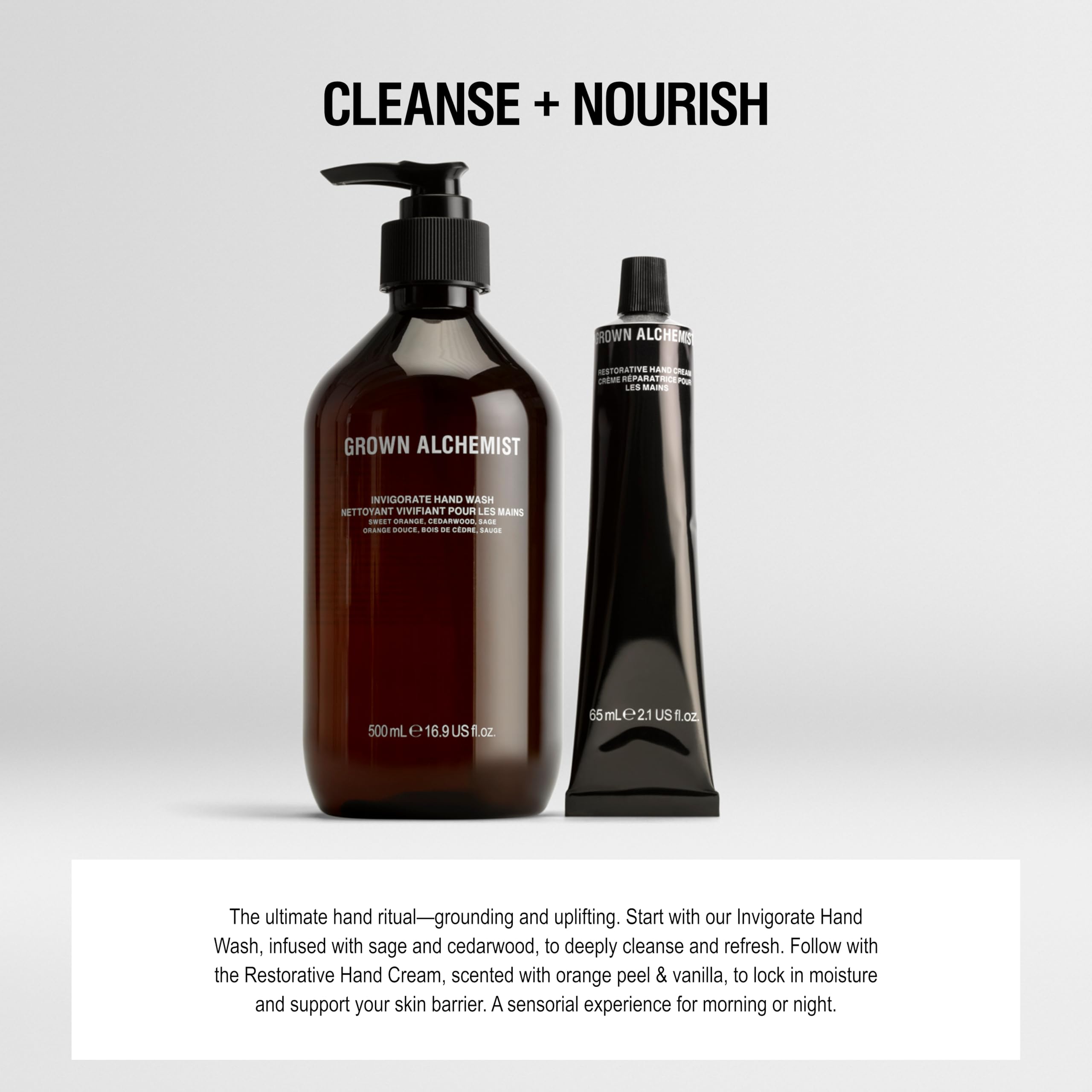 Grown Alchemist hand cream on bathroom shelf conveying daily ritual convenience