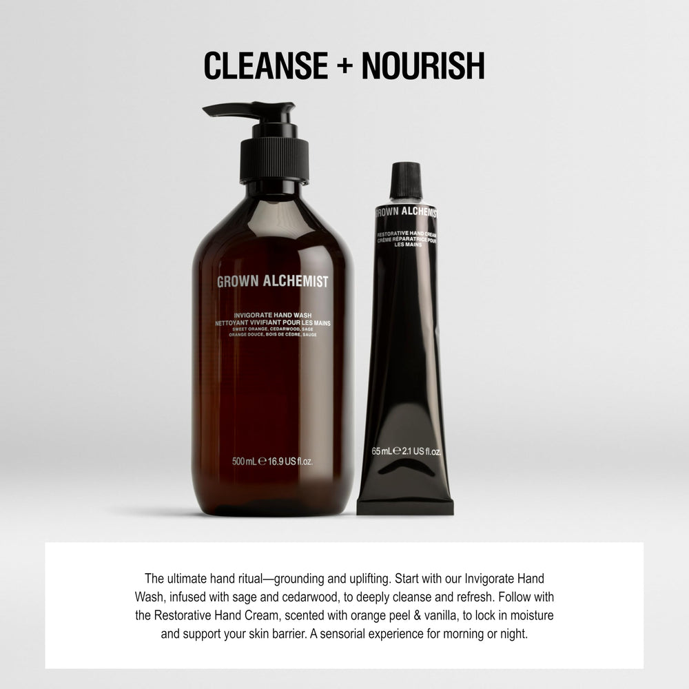 Grown Alchemist hand cream on bathroom shelf conveying daily ritual convenience