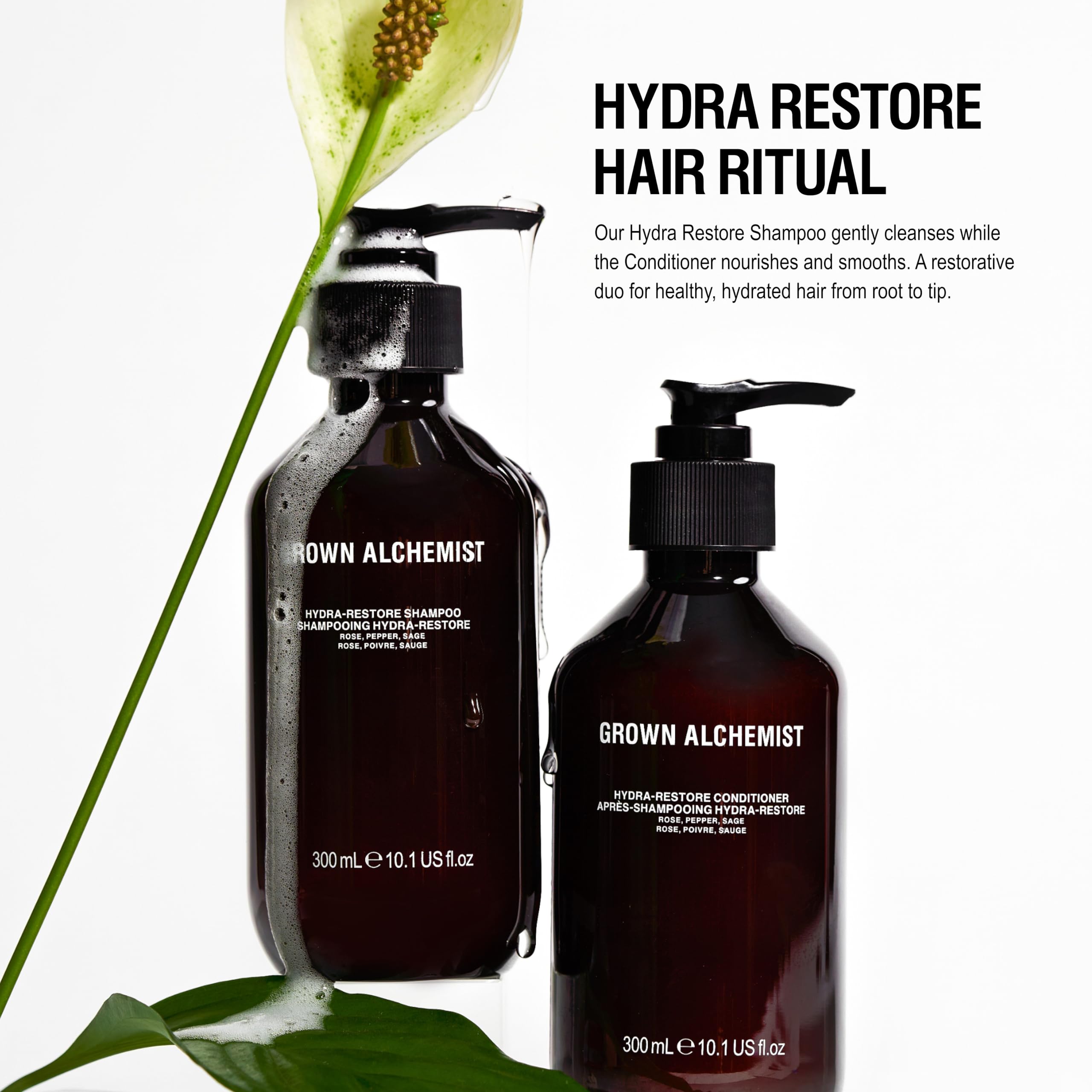 Grown Alchemist shampoo and conditioner staged in bathroom for daily routine