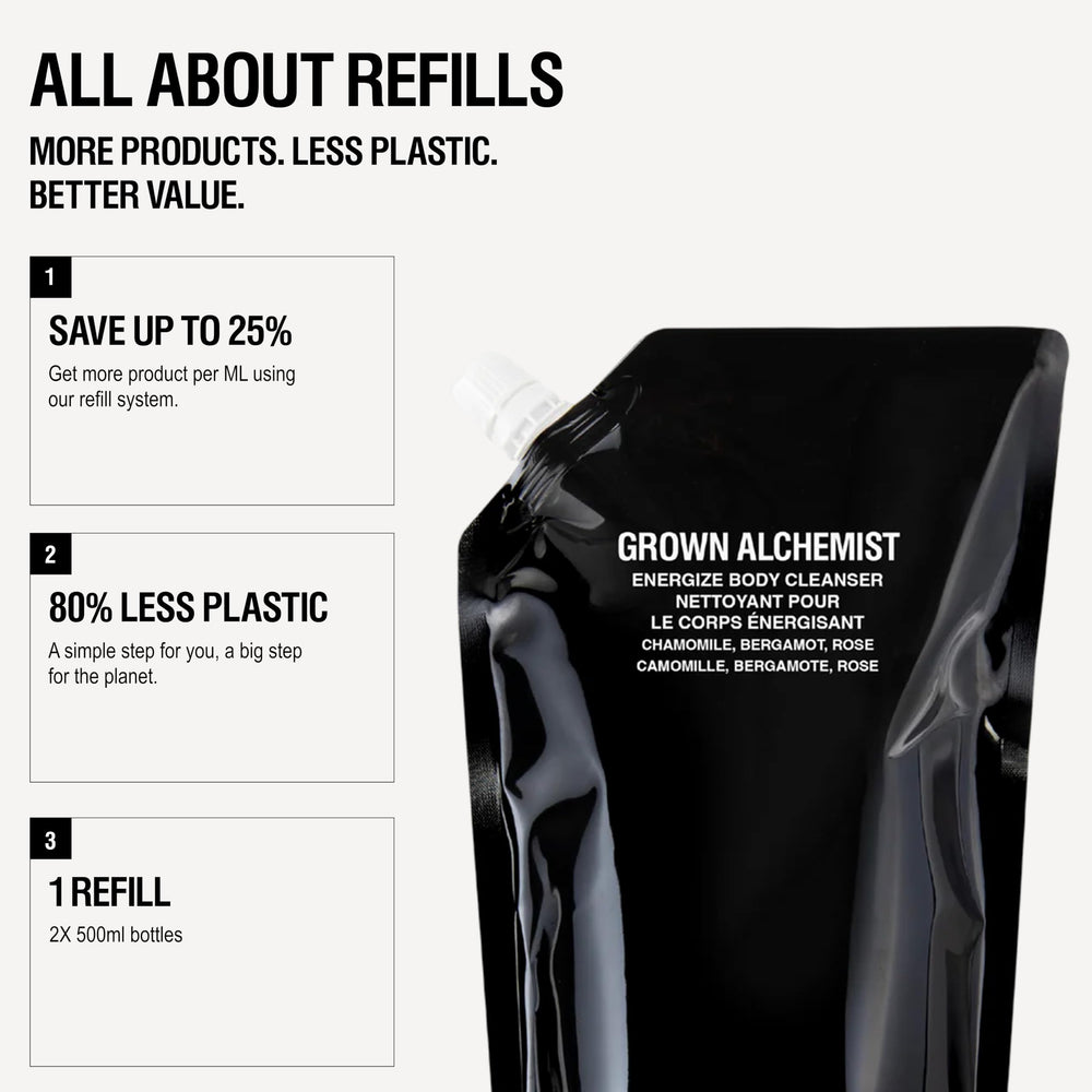 Grown Alchemist refill being poured into bottle to reduce single-use plastic