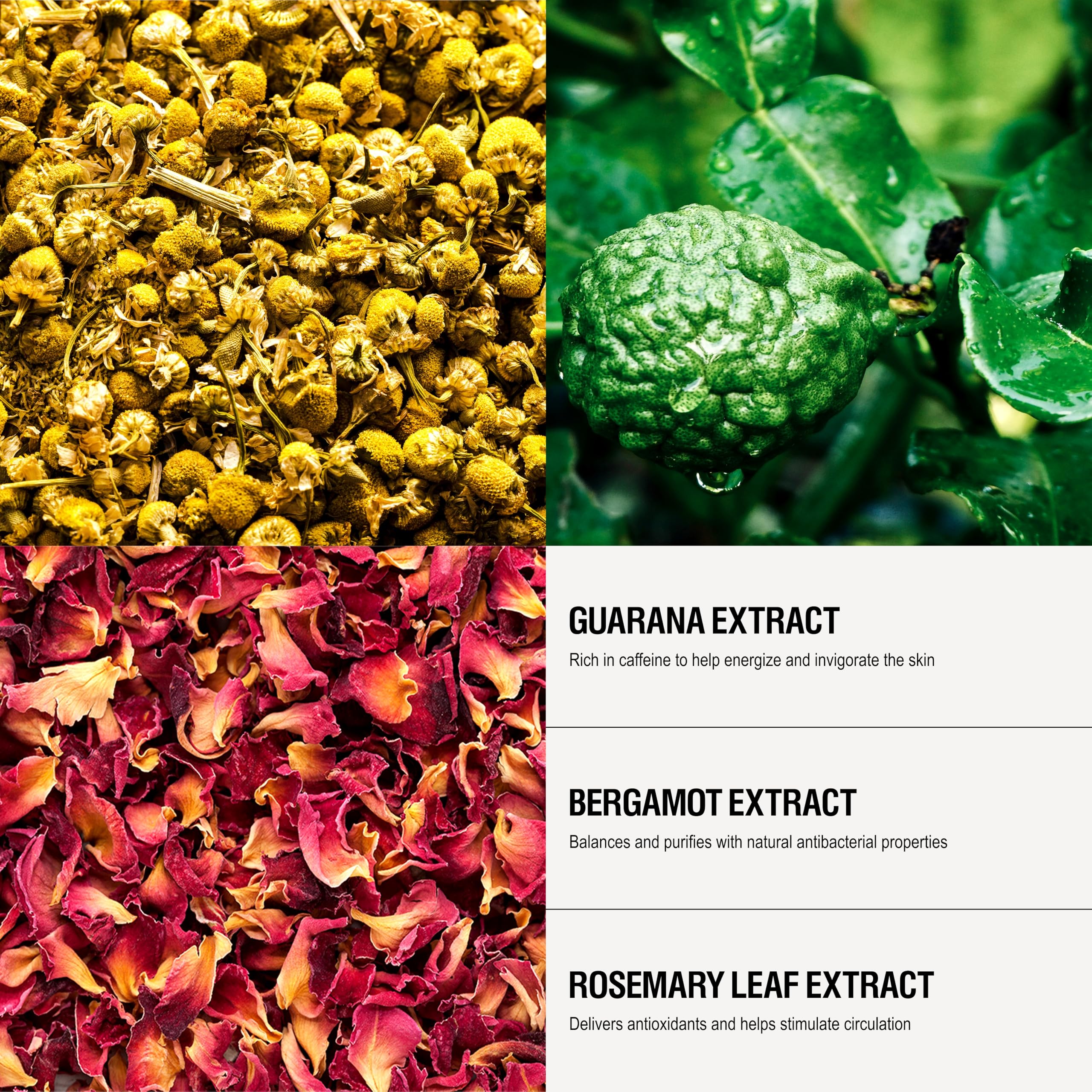 Grown Alchemist label close-up listing chamomile bergamot rosewood for clarity