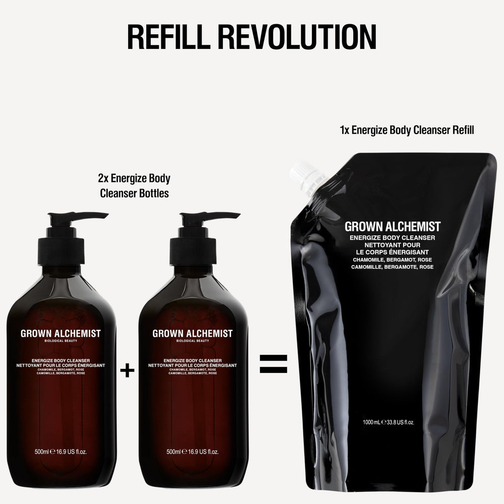 Grown Alchemist bottle on shower shelf in bathroom conveying uplifting routine
