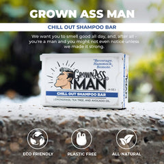 Grown Ass Man Co. shampoo bar in hand to show true 4oz scale benefit