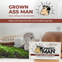 Grown Ass Man Co. shampoo bar in hand showing size and portability
