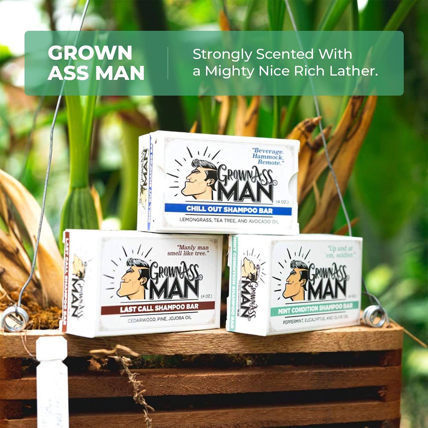 Grown Ass Man Co. bar on wooden dish showing sustainable storage and longevity