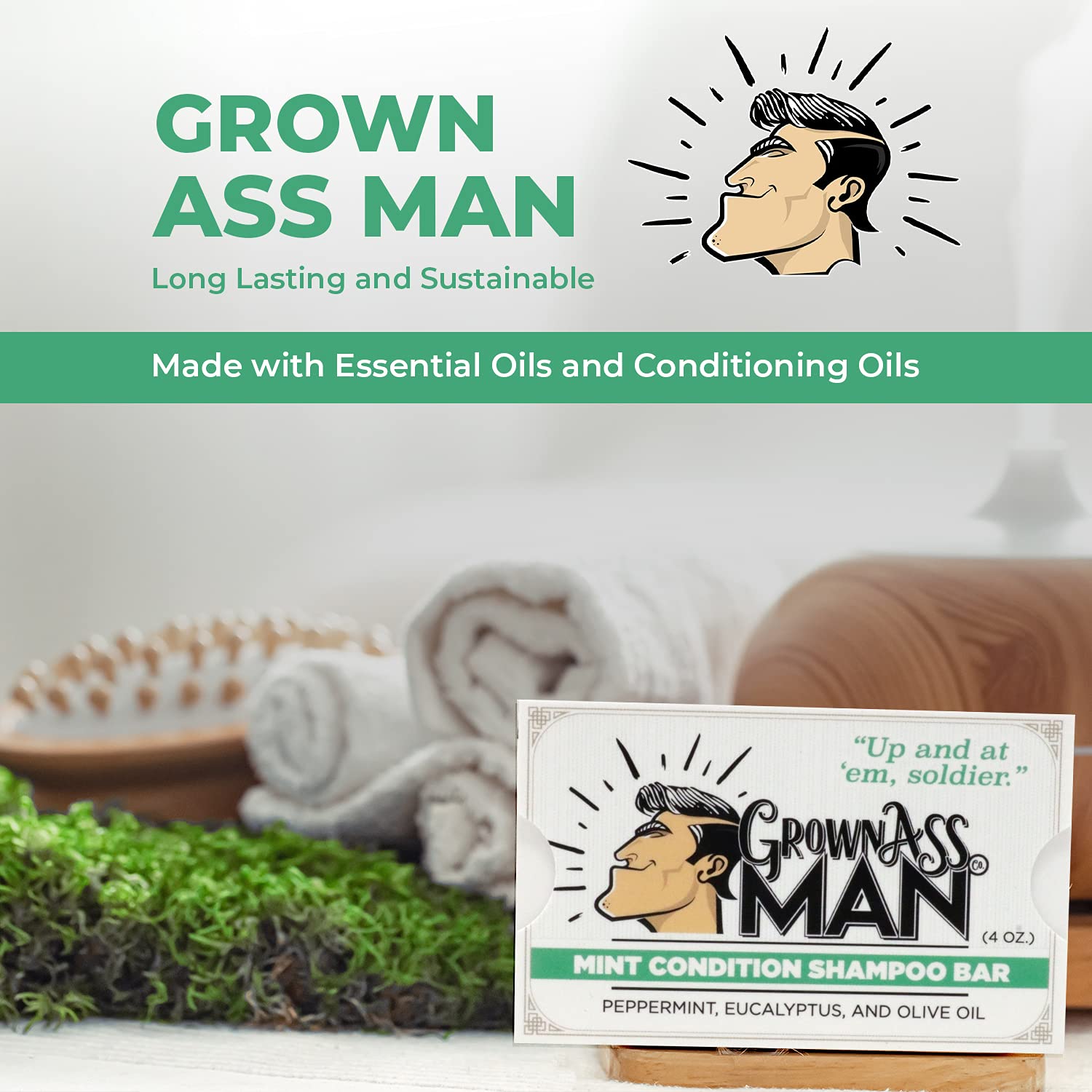 Grown Ass Man Co. label close-up highlighting natural ingredients and transparency