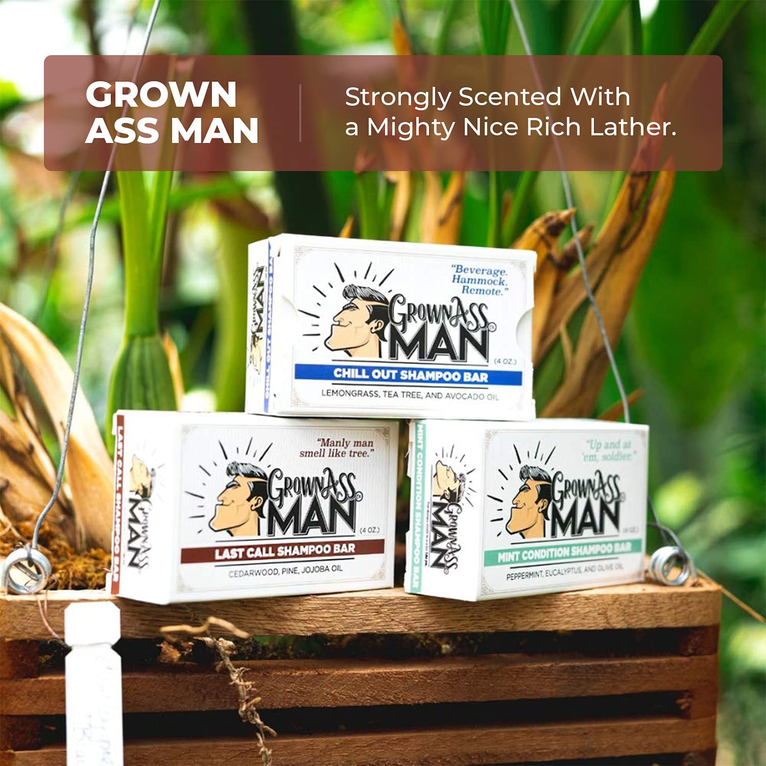 Grown Ass Man Co. bar in shower lifestyle shot promoting low-waste grooming