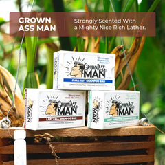 Grown Ass Man Co. bar in shower lifestyle shot promoting low-waste grooming
