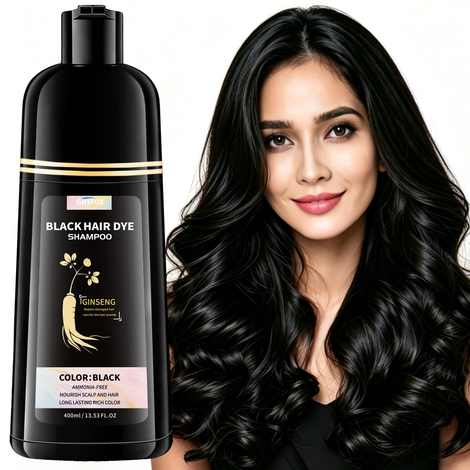 GRYFOX front packaging showing black shampoo bottle and quick gray coverage benefit