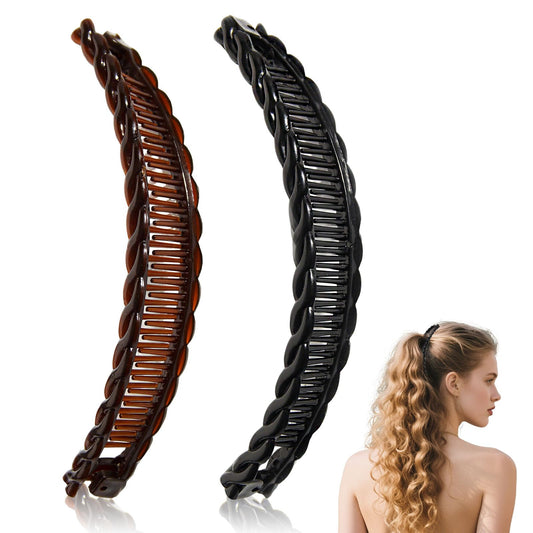 Gryshanyun banana clips front view showing black and brown pair and secure hold