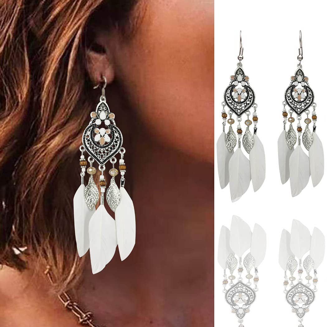 Gsoanrs front view silver feather earrings showing boho style and easy outfit pairing