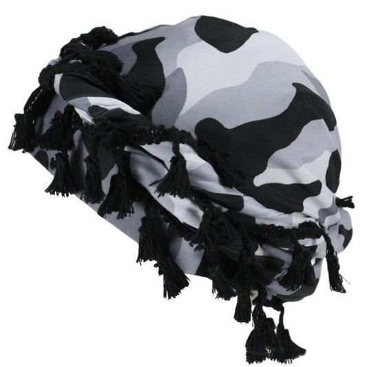 Gturytr turban front view showing camouflage pattern and neat fit benefit comfort