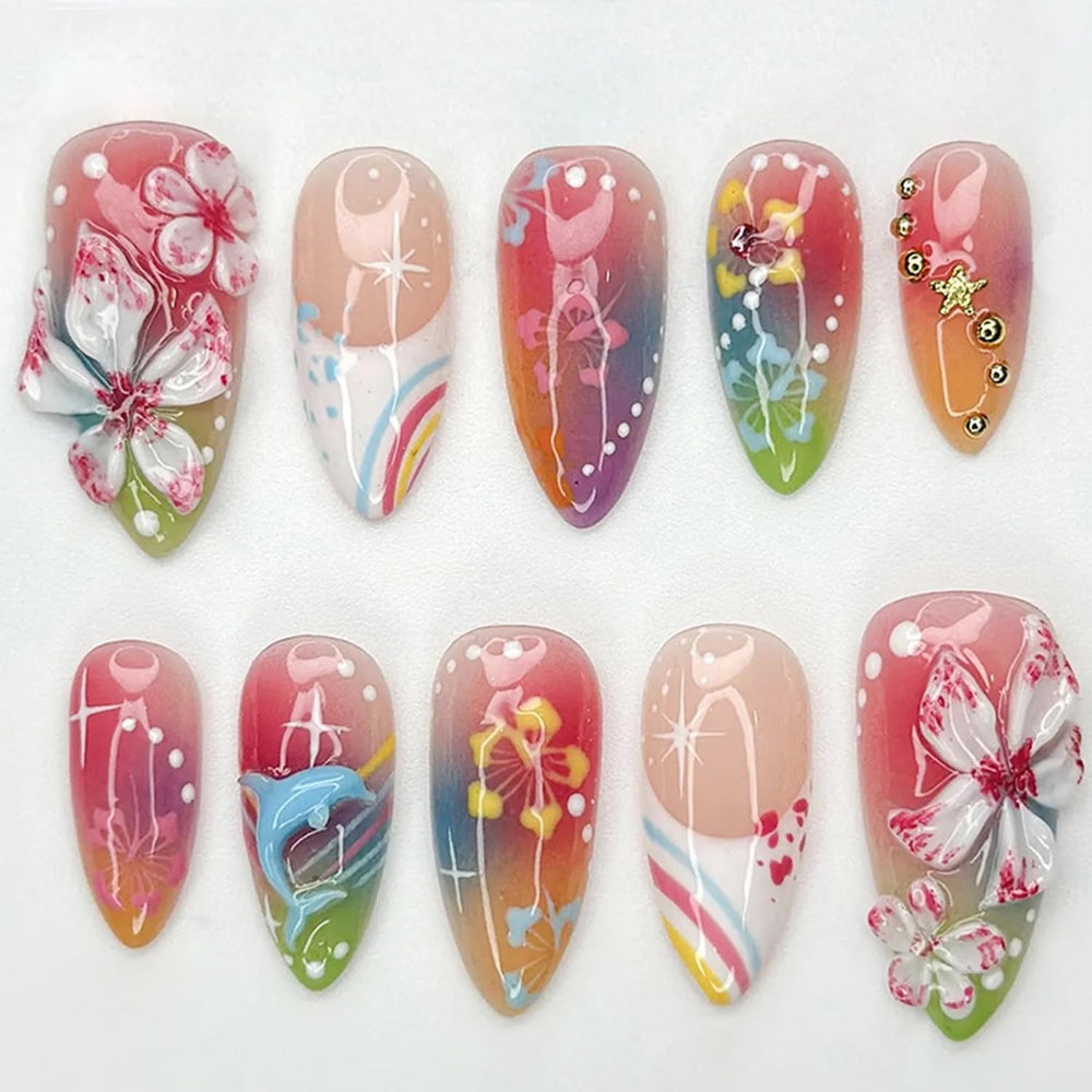 GUAACCB front packaging showing 30-piece summer nail set and included adhesive for convenience