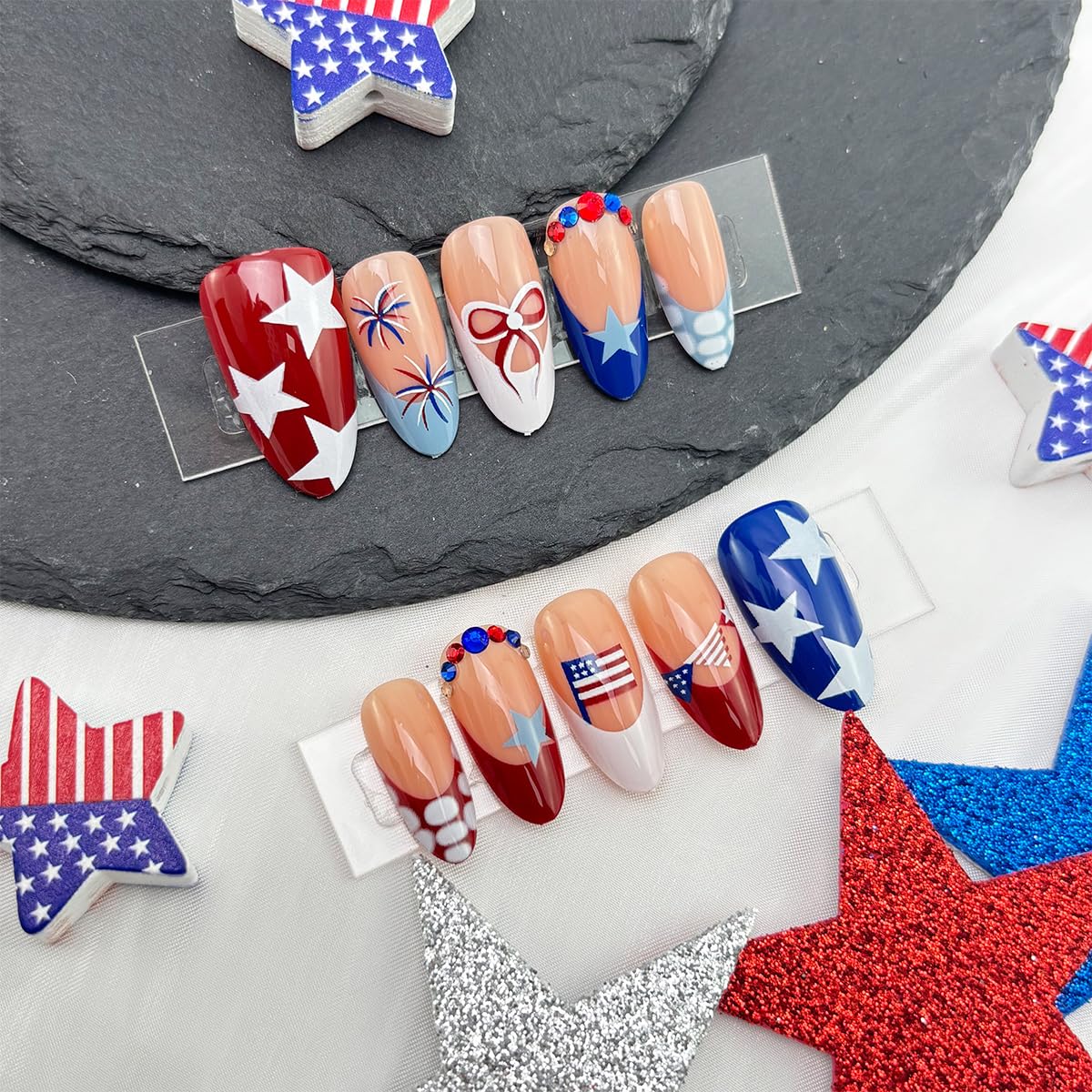 GUAACCB nails worn on hands outdoors, shows patriotic look for events