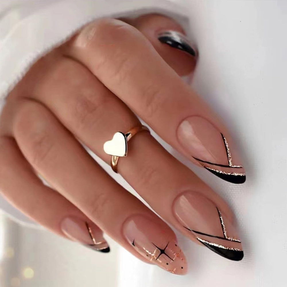 GUFUGU model wearing almond French-tip press-ons showcasing polished look benefit