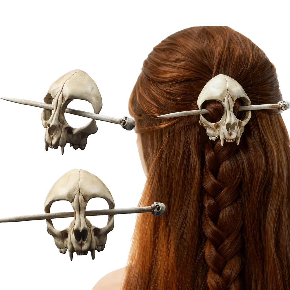 GuoShuang cat skull hair stick front view showing bone finish and gothic accent benefit