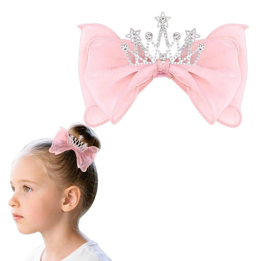 Guqqeuc crown bow front view showing pink rhinestones and festive look