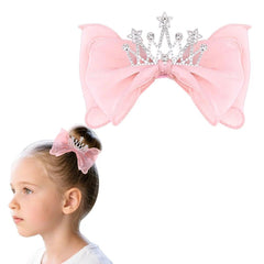 Guqqeuc crown bow front view showing pink rhinestones and festive look