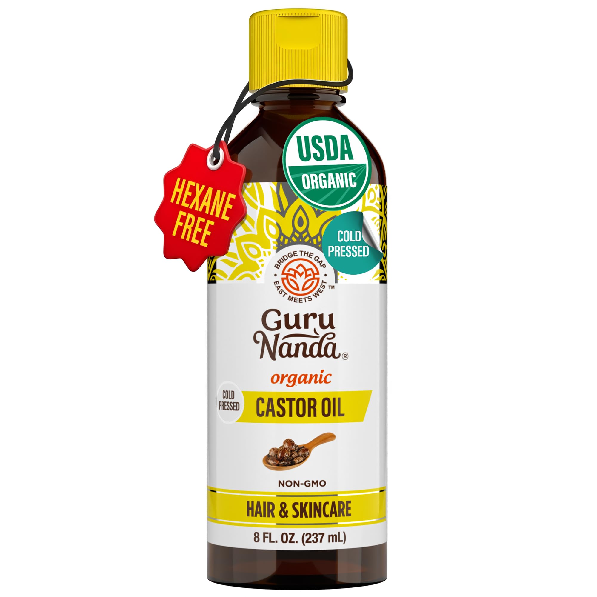 GuruNanda bottle front view showing organic castor oil, pure ingredient benefits