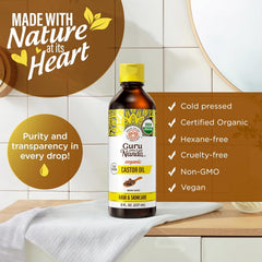 Close-up of GuruNanda label showing USDA Organic and hexane-free benefits