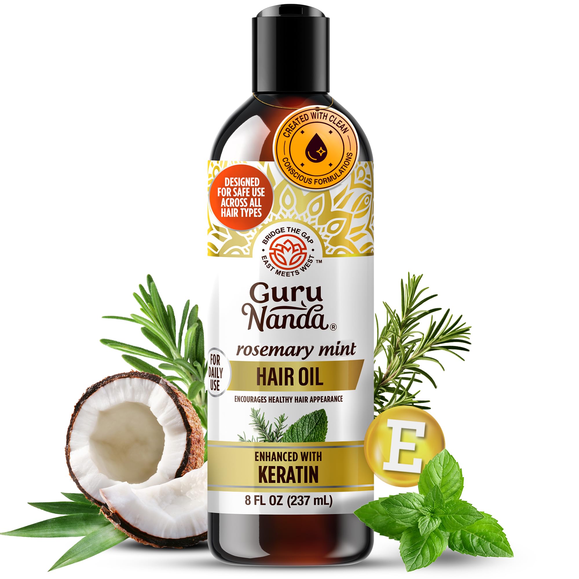 GuruNanda front bottle showing rosemary mint oil and 8oz size benefit shine