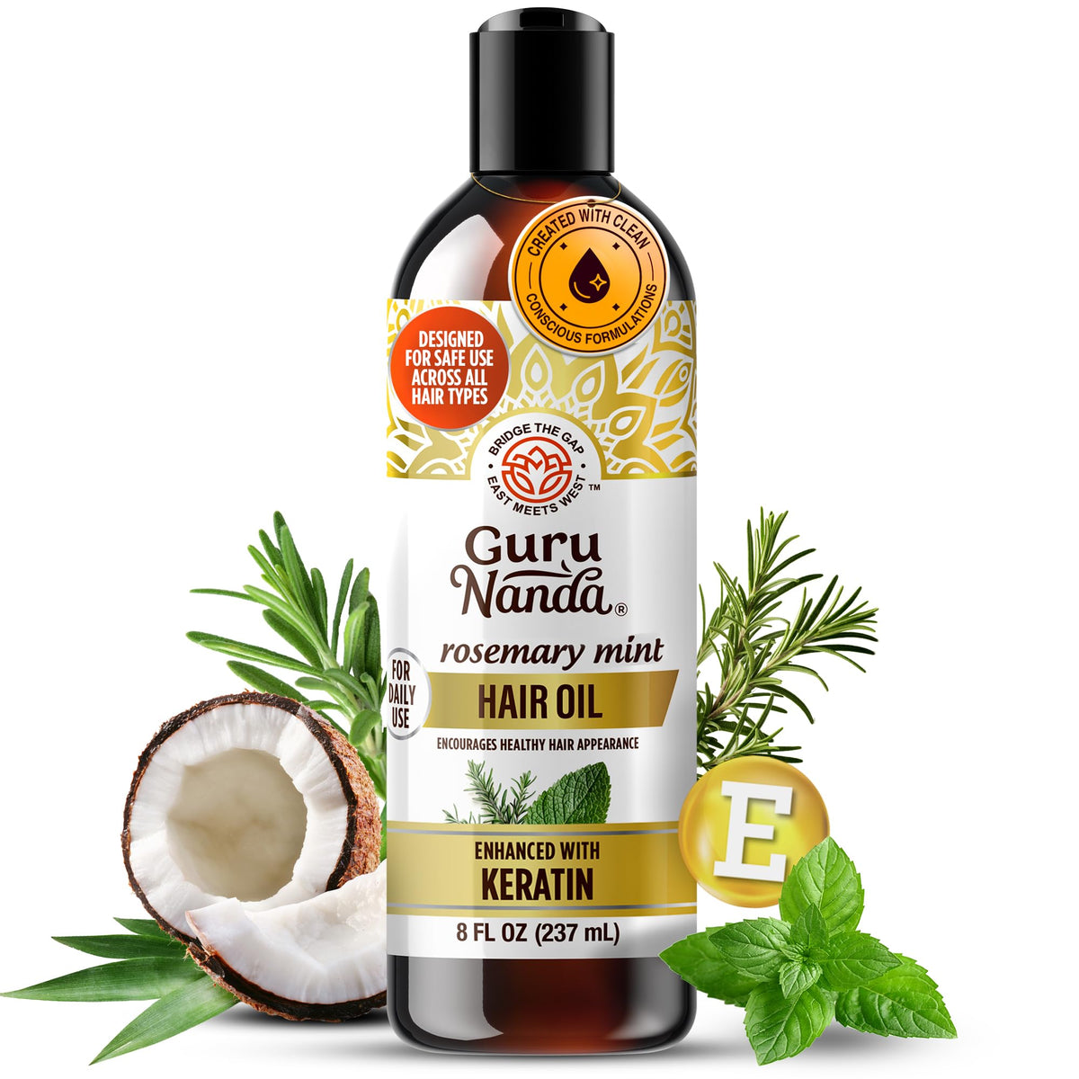 GuruNanda front bottle showing rosemary mint oil and 8oz size benefit shine