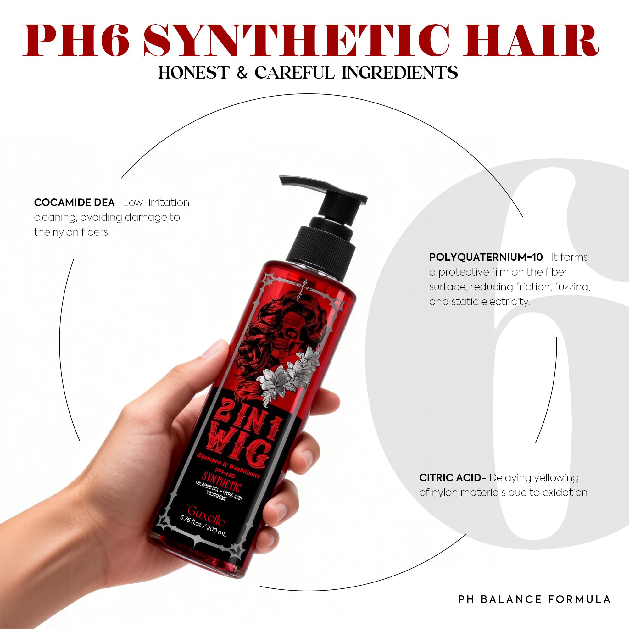 Guxelle ingredients display with keratin and coconut oil highlighting fiber care