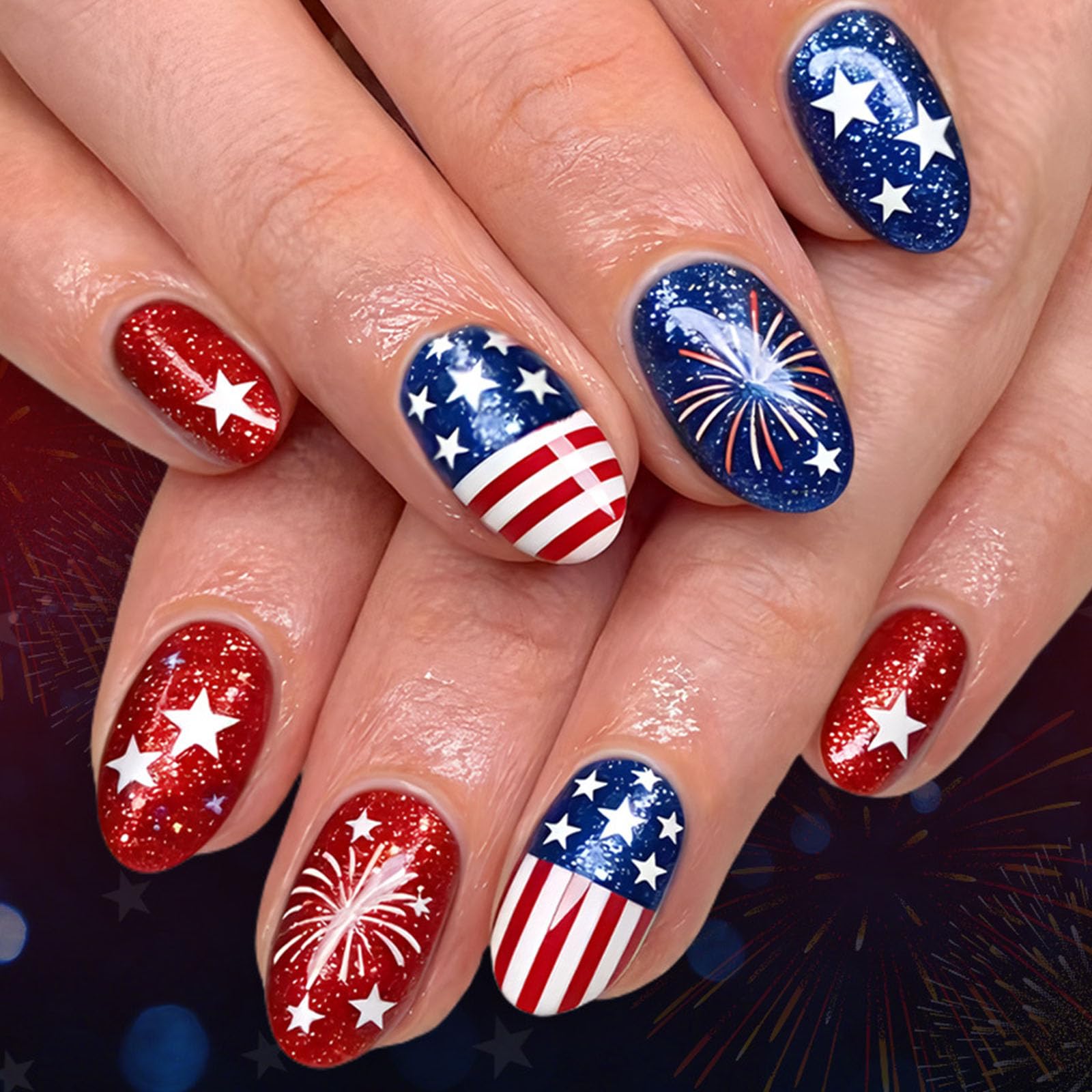 GXOIPNS front packaging showing 24-piece patriotic press-on nail set, easy festive manicure