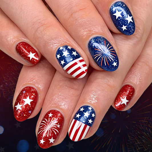 GXOIPNS front packaging showing 24-piece patriotic press-on nail set, easy festive manicure