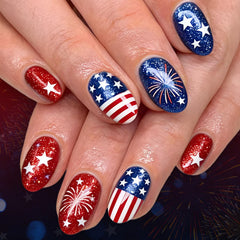GXOIPNS front packaging showing 24-piece patriotic press-on nail set, easy festive manicure