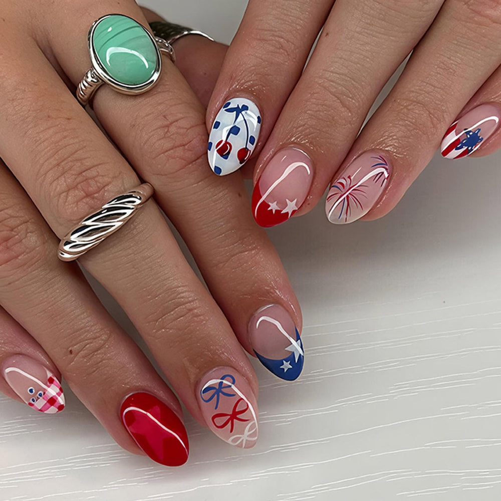 GXOIPNS front packaging showing 24 patriotic press-on nails and accessories for quick wear