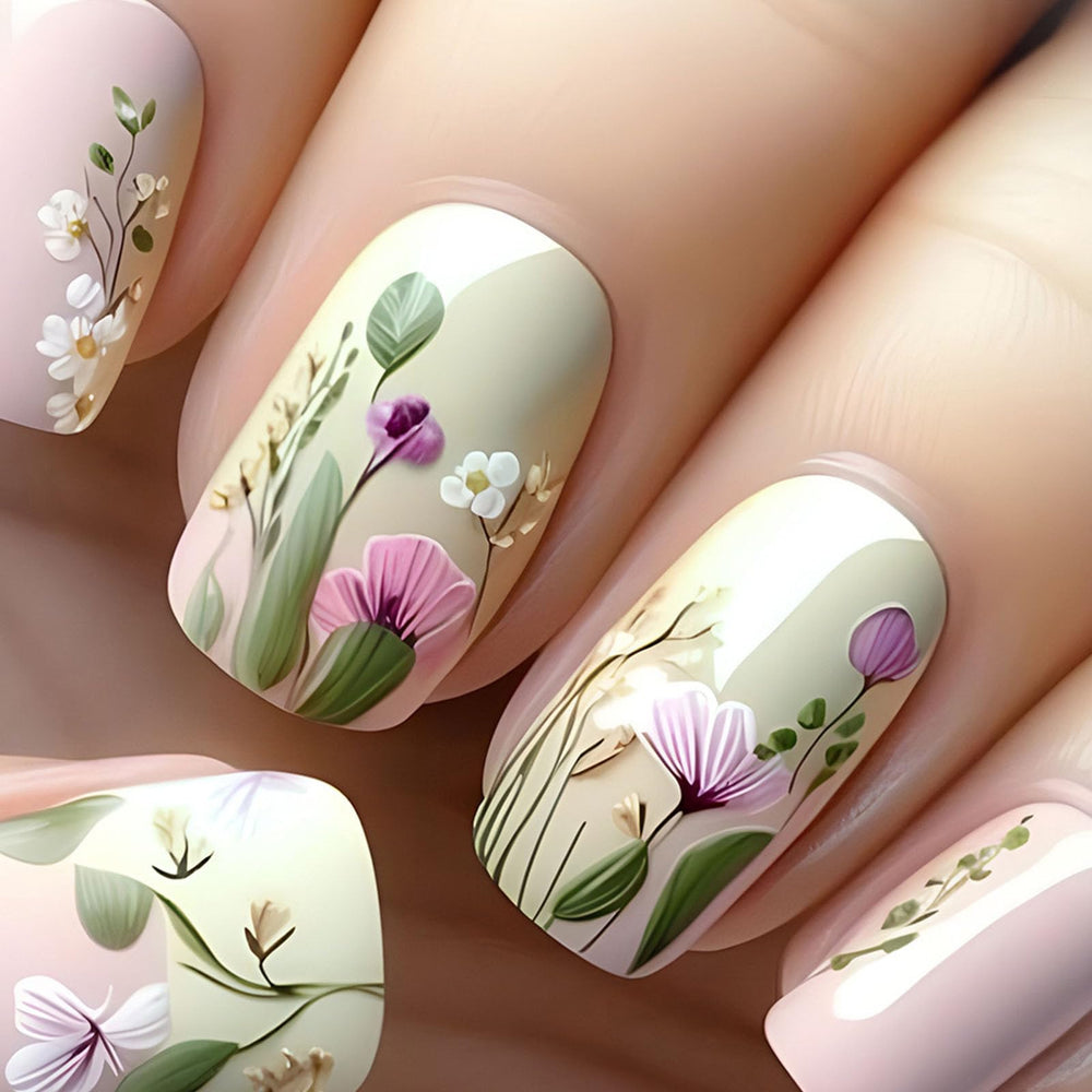 GXOIPNS front packaging showing 24-piece floral press-on nails for instant style