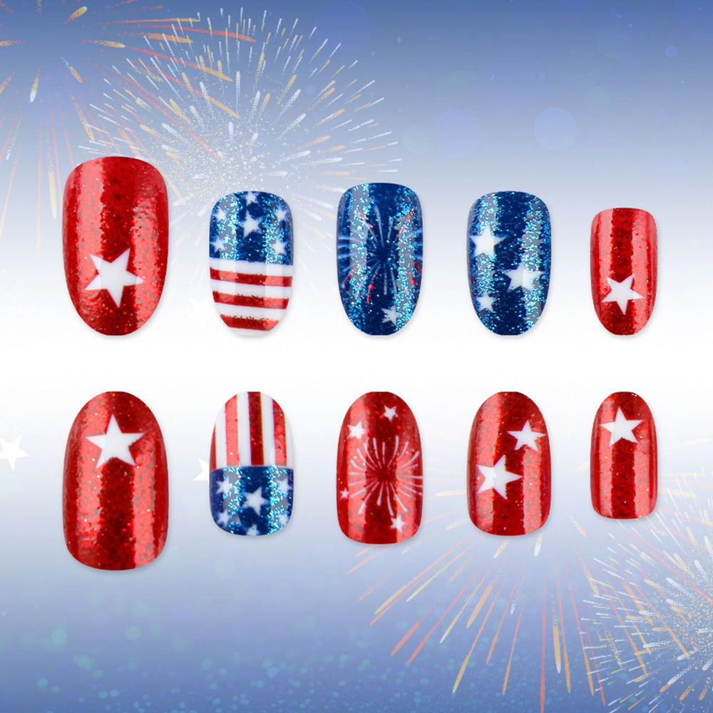 GXOIPNS hands wearing short almond patriotic nails at a summer party, instant bold style