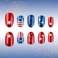 GXOIPNS hands wearing short almond patriotic nails at a summer party, instant bold style