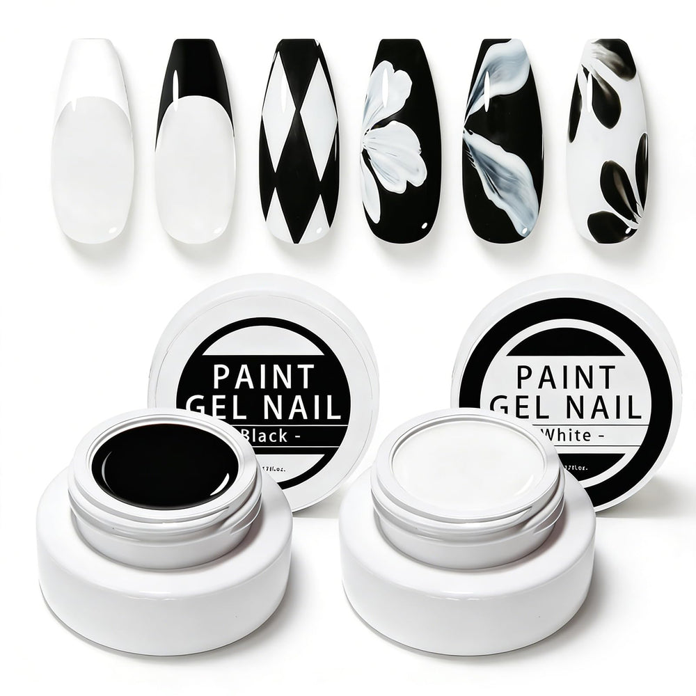 Gyraolvant front packaging showing two black and white gel jars for versatile nail art