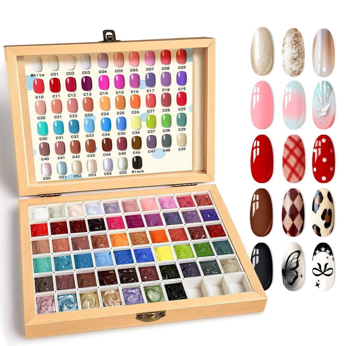 GZIXBDA kit front view showing 57 color grids and tools for creative nails