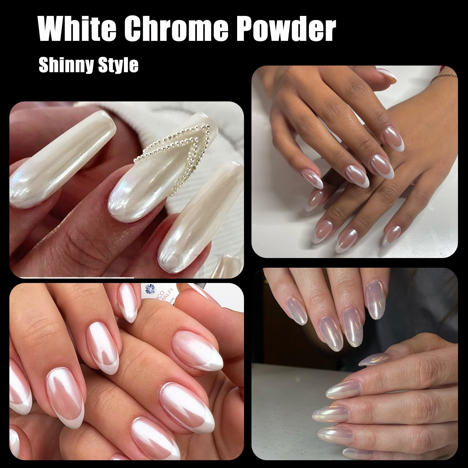 GZMAYUEN chrome powder rubbed on gel nail creating reflective pearly finish