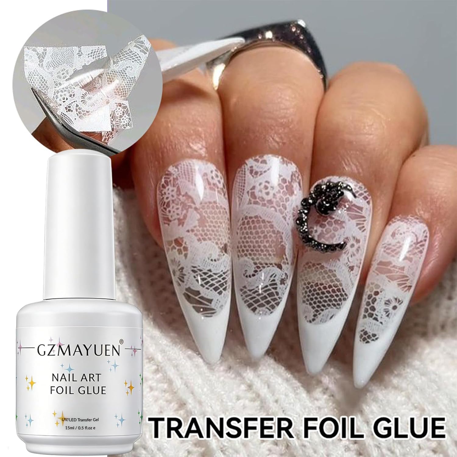 GZMAYUEN finished nails displaying crisp lace foil designs and shine