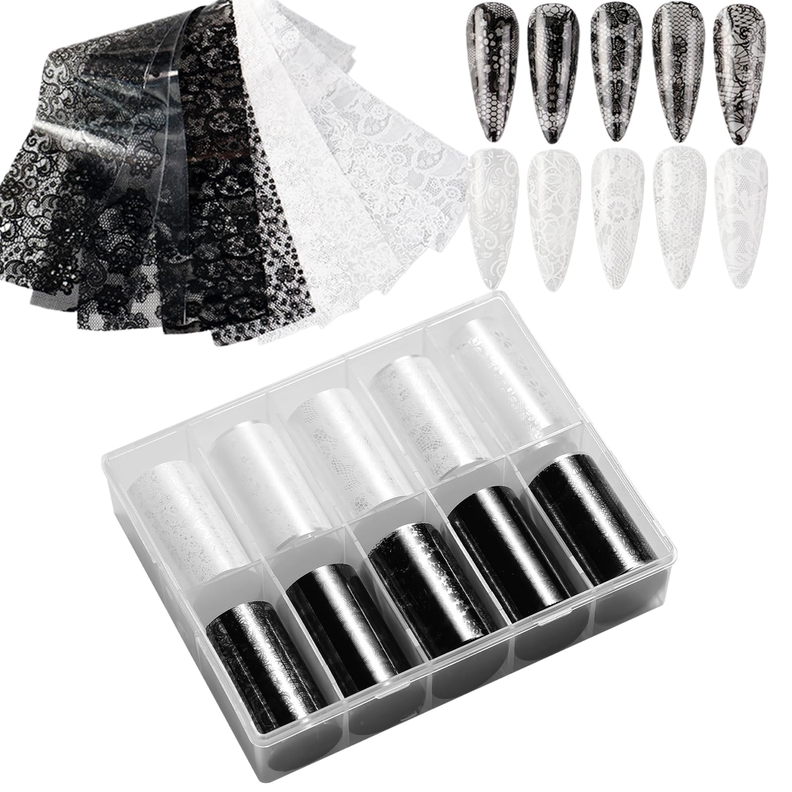 GZMAYUEN front view of ten lace foil rolls showing variety and quick styling benefit