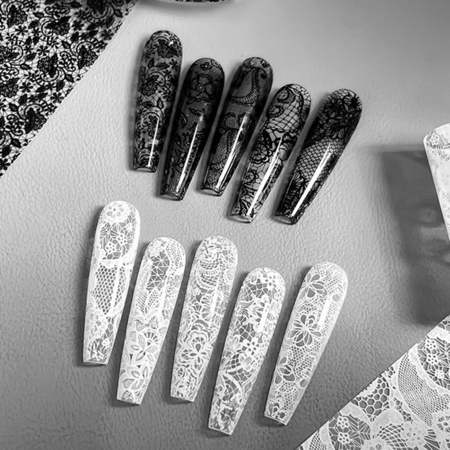 GZMAYUEN gel nail with black lace accent demonstrating dramatic contrast and style