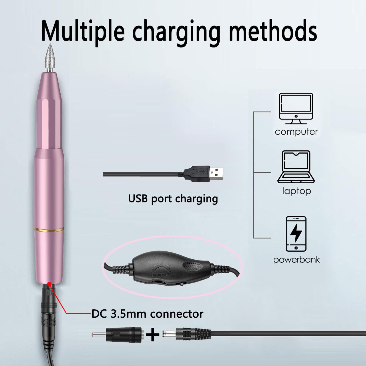 Gzzscortd cord connected to a portable electric nail drill demonstrating on-the-go power benefit