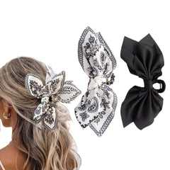 hadutrek front view showing two paisley bow clips and clear benefit of fashionable hold