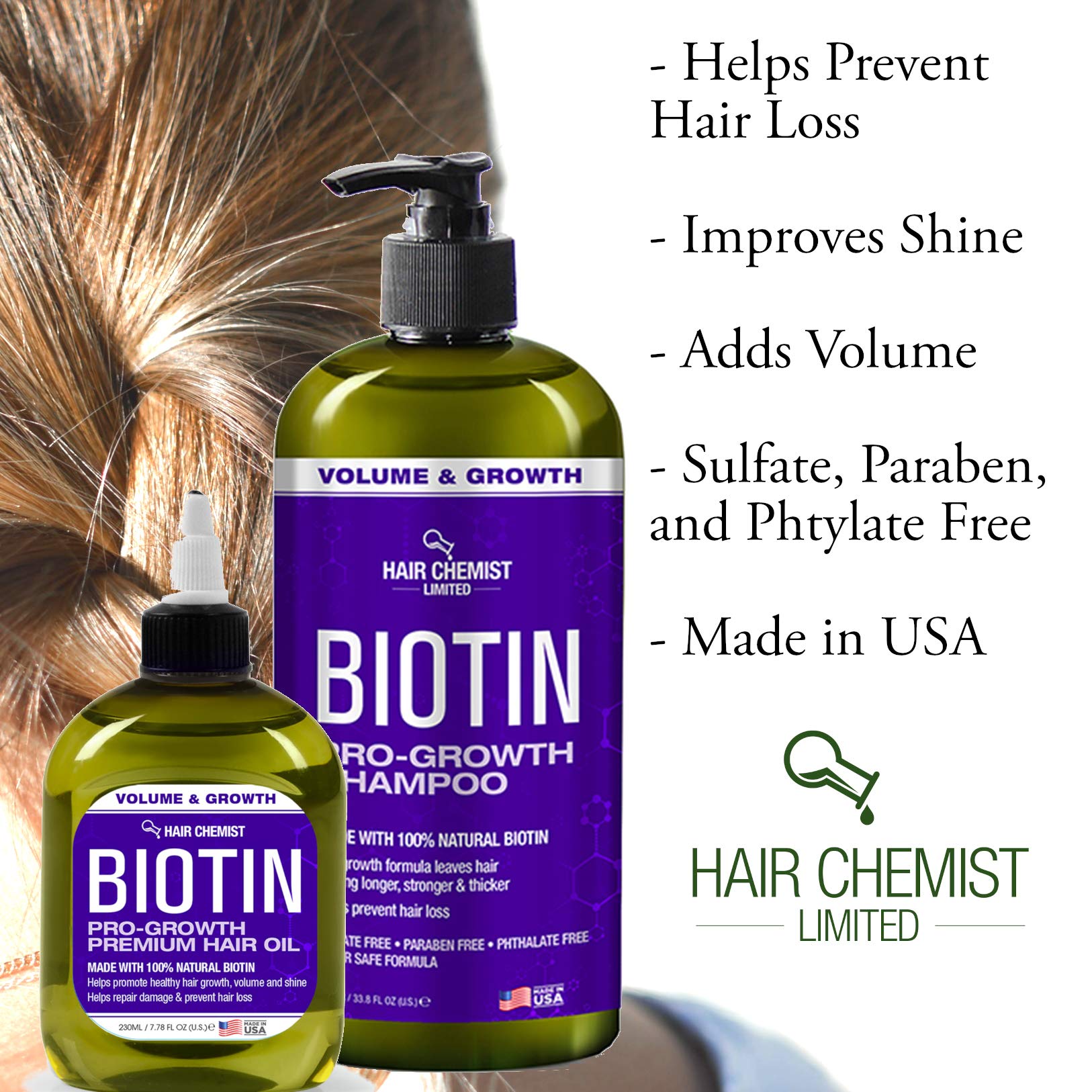 Hair Chemist label detail showing biotin branding and product identity benefit