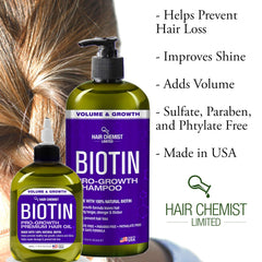 Hair Chemist label detail showing biotin branding and product identity benefit