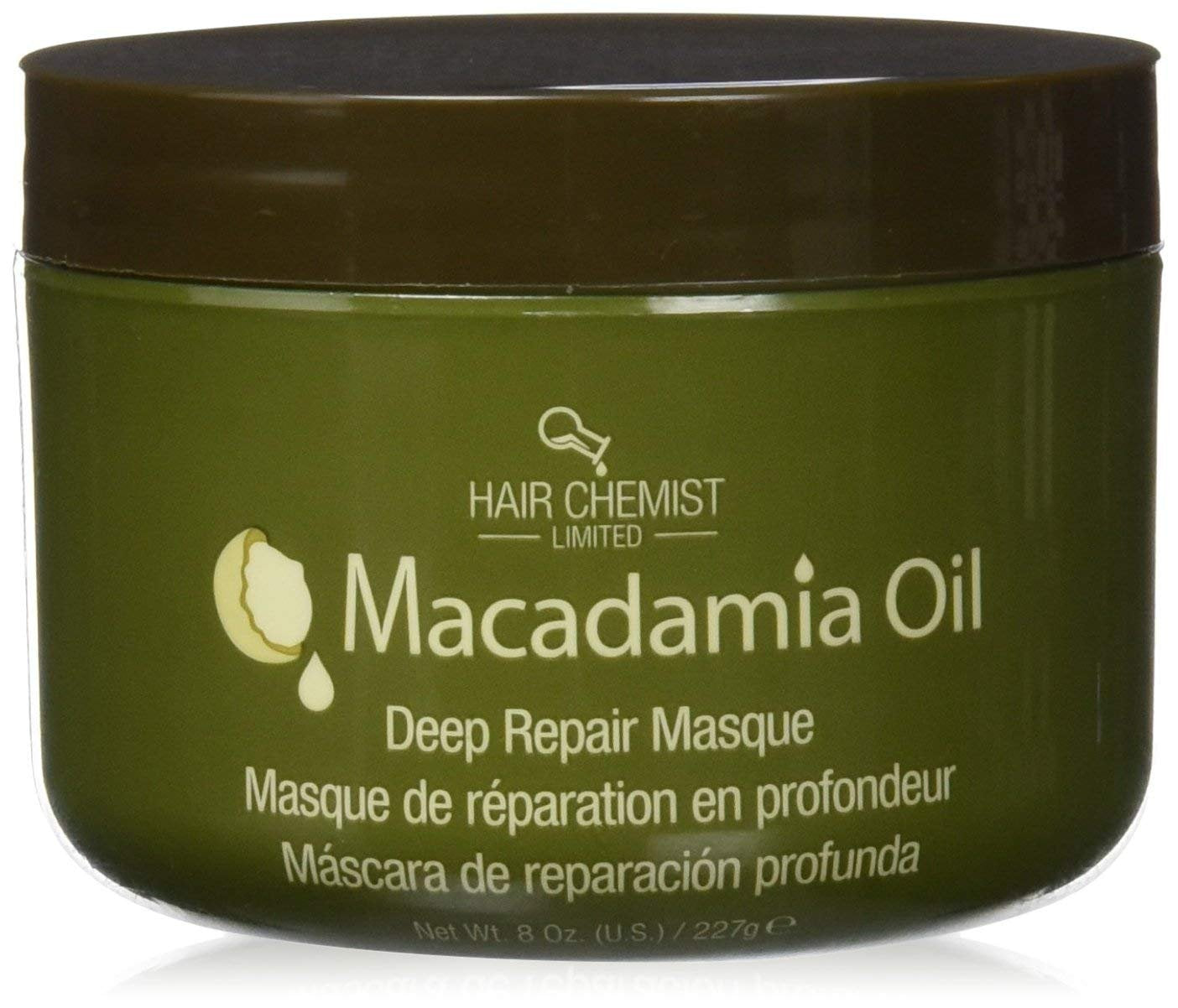 Hair Chemist front jar showing macadamia masque and repair benefits