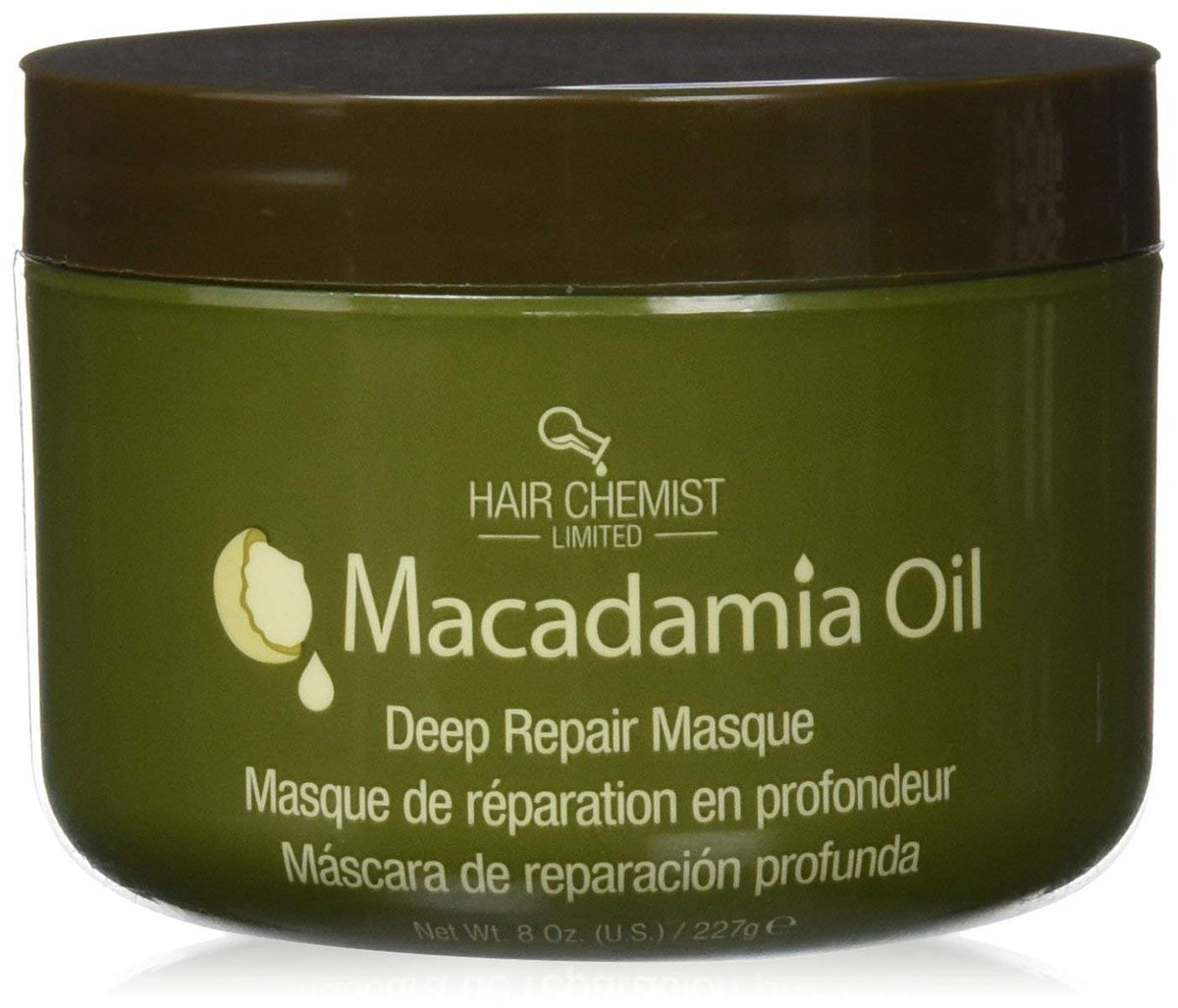 Hair Chemist front jar showing macadamia masque and repair benefits