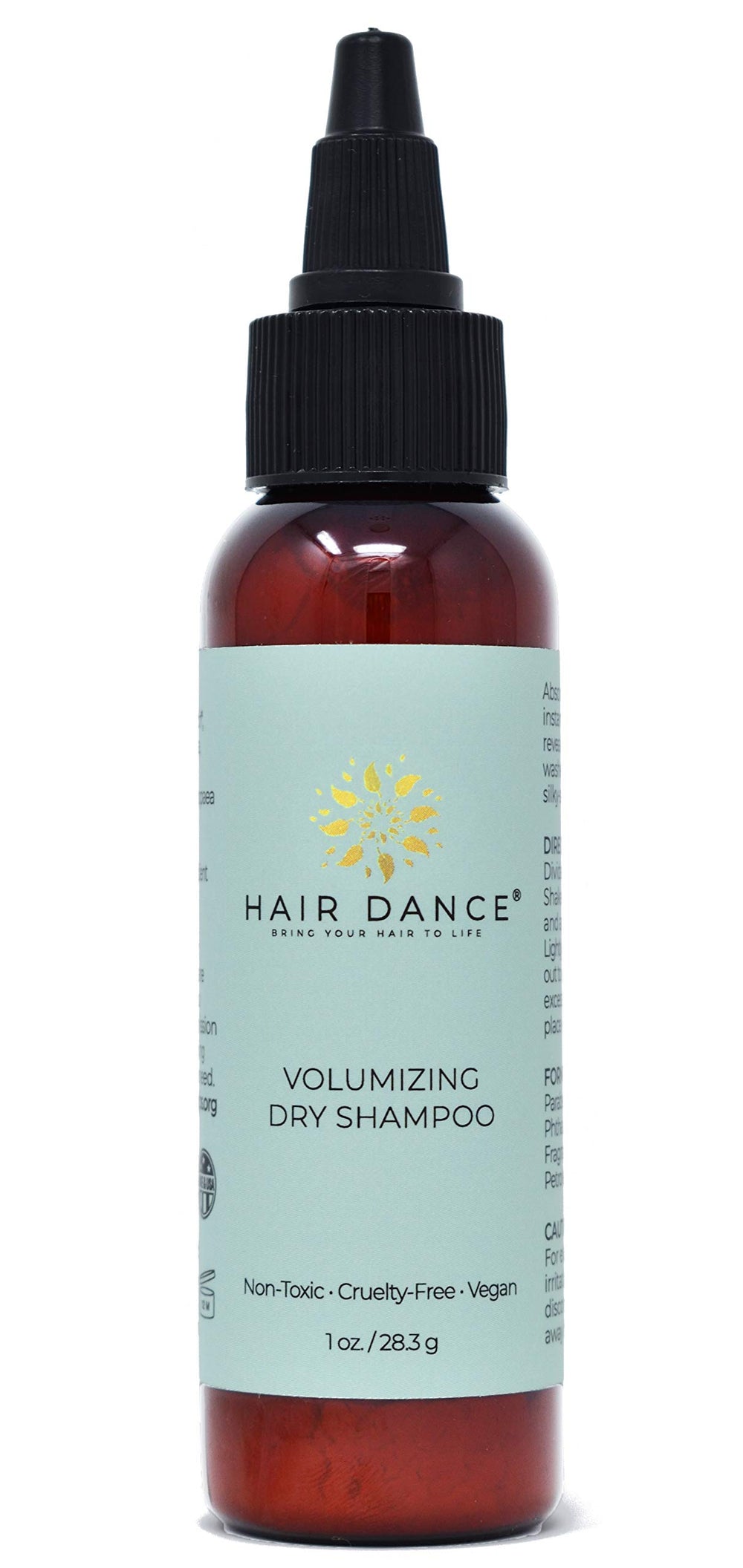 Hair Dance front packaging showing compact travel-ready bottle and benefits